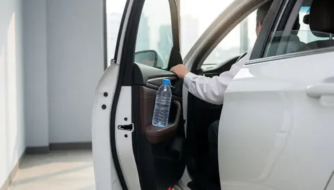 Intérieur propre d'un véhicule blanc avec un chauffeur tenant une bouteille d'eau, vue par la portière ouverte sur un fond urbain, idéal pour une bannière de site web.