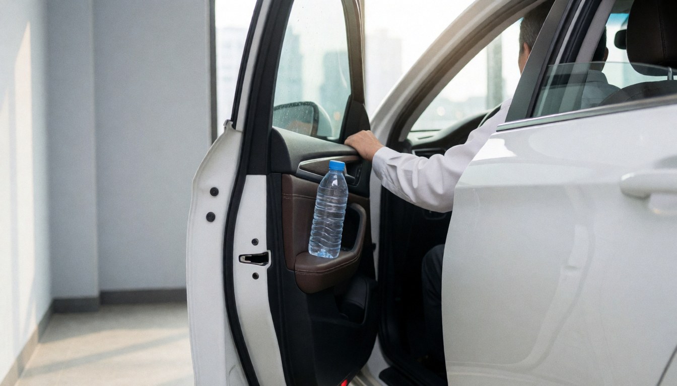 Intérieur propre d'un véhicule blanc avec un chauffeur tenant une bouteille d'eau, vue par la portière ouverte sur un fond urbain, idéal pour une bannière de site web.