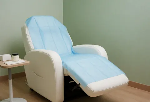 Fauteuil blanc inclinable avec drap bleu stérile, table avec produits, murs verts et sol en bois clair, idéal pour le microblading.