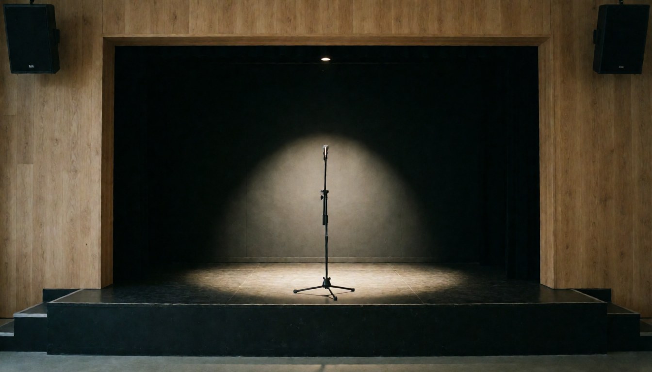 Scène de spectacle avec un microphone sous un projecteur, des murs en bois et un fond noir, idéal pour une page d'accueil de site web.