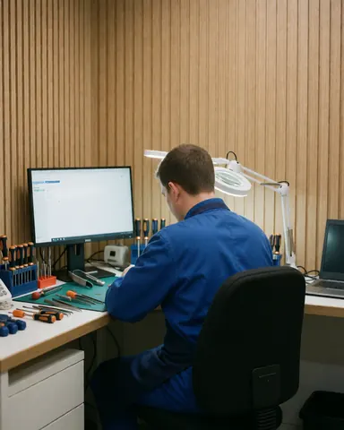 Vue par derrière d'un technicien réparant un téléphone portable dans un atelier, utilisant une loupe et des tournevis sur une table de travail.