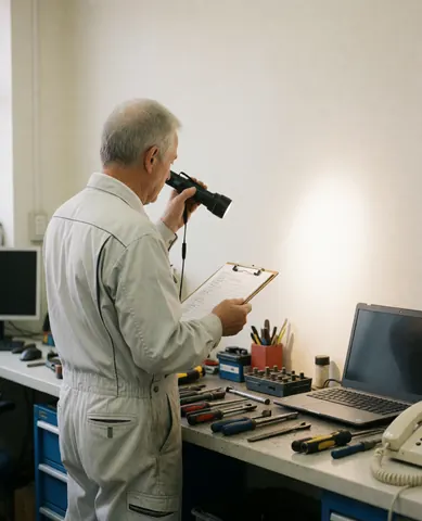 Un mécanicien examine un moteur à l'aide d'une lampe torche et d'une liste de contrôle dans un atelier, avec des outils et un ordinateur portable sur la table.