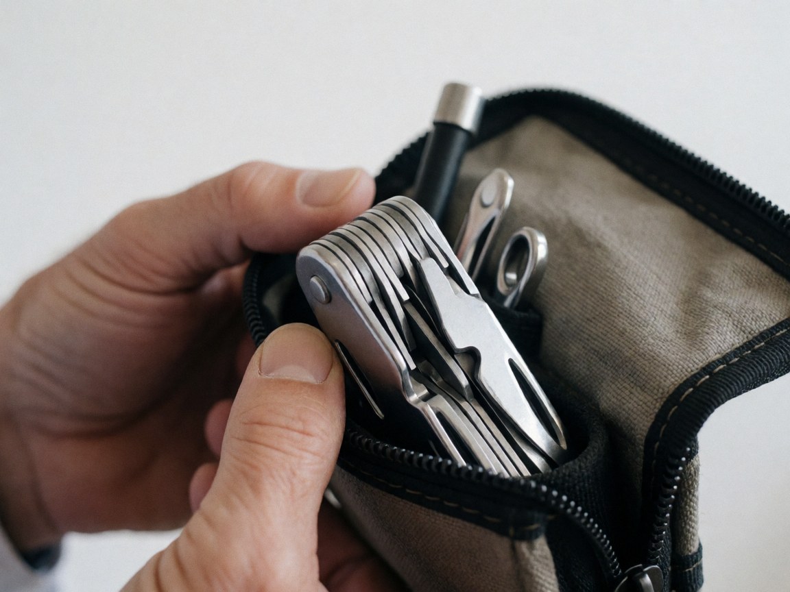 Une main tient un outil multifonction en métal brillant à l'intérieur d'un sac de réparation pour vélo, avec des coutures visibles sur un fond blanc.