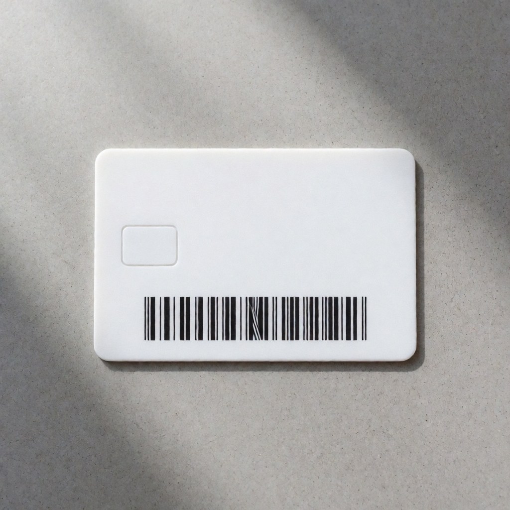 Carte d'accès pour stationnement avec code-barres et puce sur surface en béton gris, éclairage diffus.