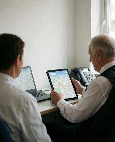 Deux hommes en bureau examinent des cartes numériques sur tablettes et ordinateur portable, avec murs blancs et téléphone de bureau visible