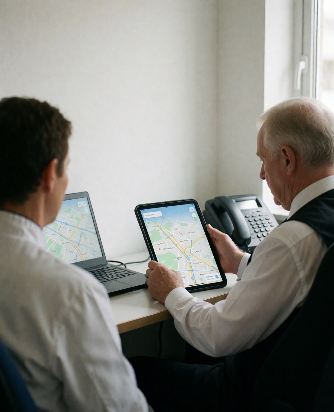 Deux hommes en bureau examinent des cartes numériques sur tablettes et ordinateur portable, avec murs blancs et téléphone de bureau visible