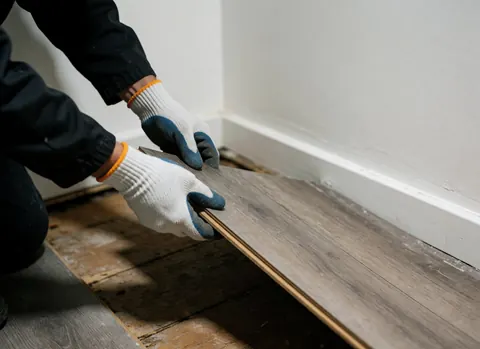 Mains portant des gants de travail soulèvent une lame de plancher stratifié au-dessus d'un sous-plancher en bois, dans un intérieur avec mur blanc et éclairage pratique.