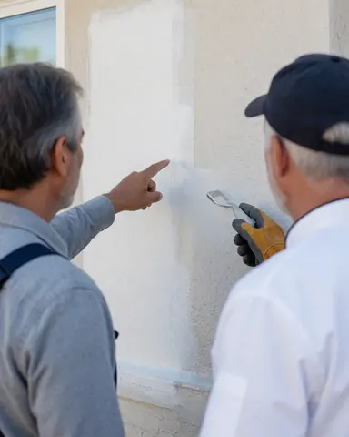 Une cliente examine un mur extérieur fraîchement peint en compagnie du peintre, la main pointant vers la surface peinte.