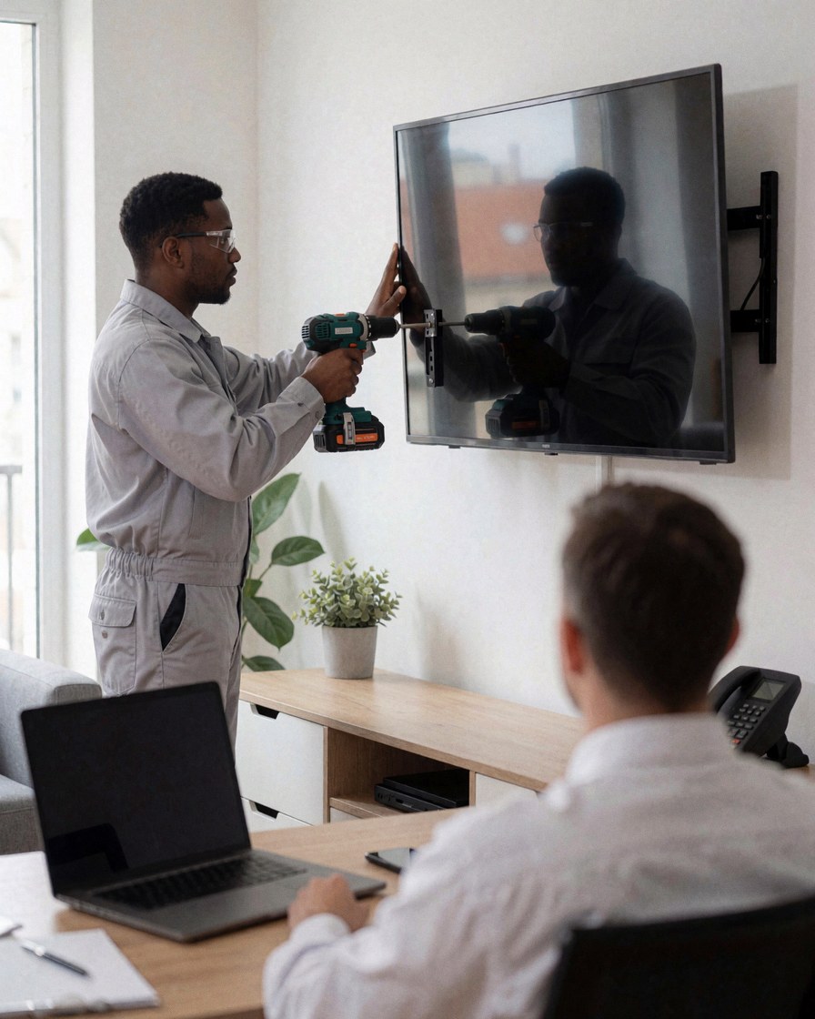 Un technicien en train de monter un téléviseur sur un support dans un bureau moderne, avec un client assis à un bureau à proximité.