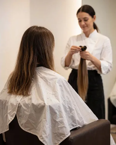 Cliente portant une cape blanche assise sur une chaise de salon, mains tenant des extensions capillaires, murs blancs et éclairage chaleureux dans un salon de coiffure professionnel.