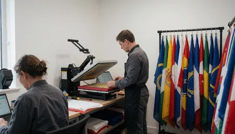Un homme travaille avec une presse thermique pour imprimer des drapeaux, plusieurs drapeaux pendent sur un support à côté dans un atelier bien éclairé.