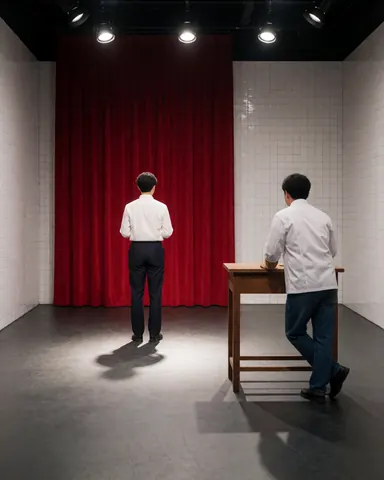 Deux acteurs vus de dos sur une scène avec un rideau rouge, des projecteurs et des murs carrelés blancs, idéal pour un atelier de théâtre.