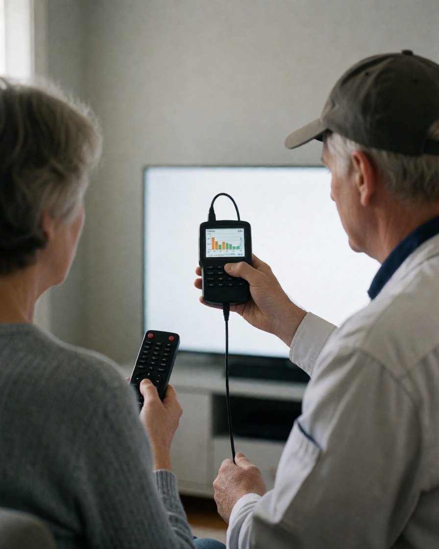Un technicien en antennes présente un appareil de mesure de signal à un client dans un salon avec une télévision en arrière-plan et des murs gris clair.