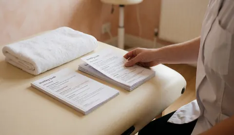 Une main de thérapeute pose un dépliant sur une table de massage recouverte d'une serviette blanche dans un cabinet aux tons chauds.