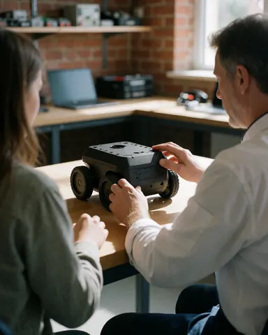 Un adulte et une étudiante interagissent avec un robot éducatif sur une table en bois dans un atelier de robotique.
