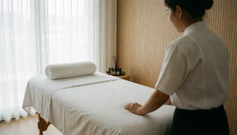 Table de massage avec draps blancs et rouleau d'oreiller, une personne de dos prépare le service dans une salle aux murs de bois clair et à la lumière naturelle.