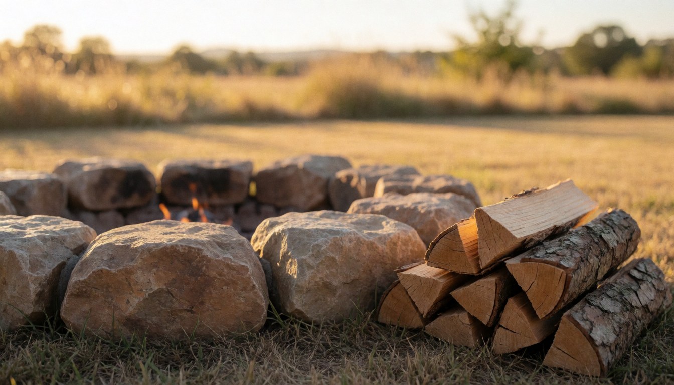 Feu de camp allumé avec du bois de chauffage et des pierres sur un terrain ouvert au coucher du soleil, créant une ambiance chaleureuse pour des textes promotionnels liés au camping en plein air.