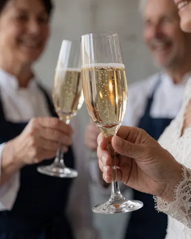 Une main avec une manche en dentelle tient un verre de champagne pétillant. En arrière-plan, une personne célèbre avec un verre, sur un mur de béton lisse lors d'une fête.