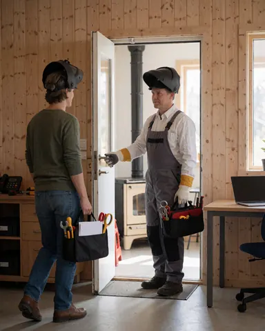 Un technicien en combinaison tenant des outils ouvre la porte d'une cuisinière devant un client, avec des murs en bois en arrière-plan.