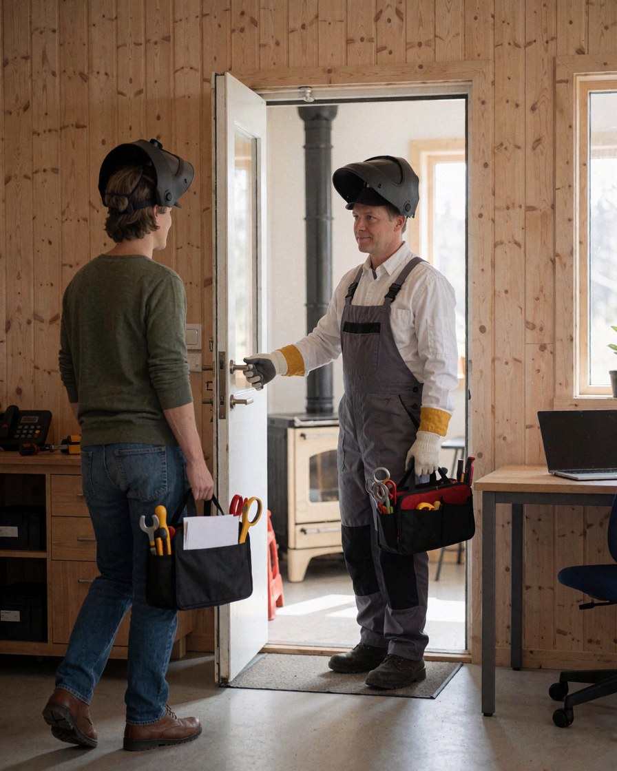Un technicien en combinaison tenant des outils ouvre la porte d'une cuisinière devant un client, avec des murs en bois en arrière-plan.