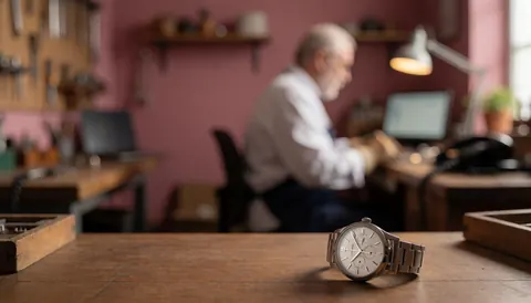 Montre-bracelet métallique posée sur une table en bois dans un atelier de réparation avec murs roses et outils en arrière-plan