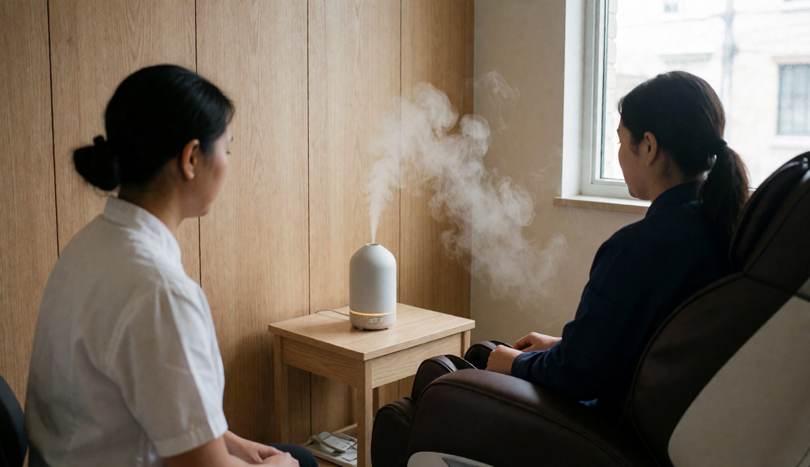 Thérapeute effectuant un massage cervical sur une chaise, diffuseur émettant de la vapeur, mur en bois et lumière naturelle par la fenêtre.