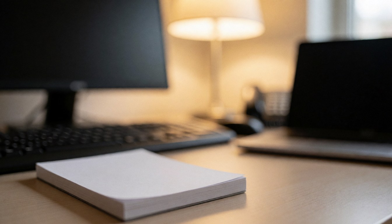 Bureau de travail avec ordinateur, clavier et cahier blanc sous éclairage chaleureux, servant de fond pour des textes liés aux massages corporels.
