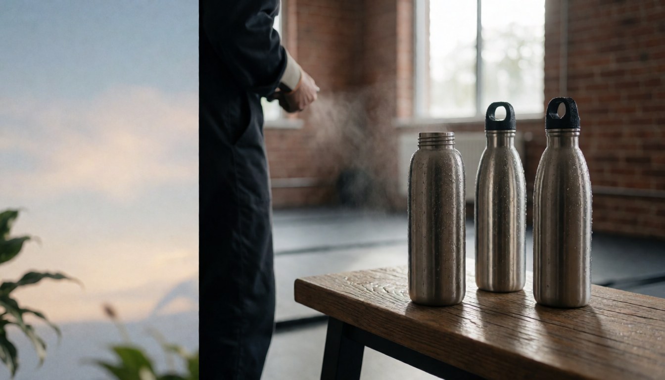 Trois bouteilles d'eau métalliques avec des gouttes de condensation posées sur une table en bois devant un mur de briques dans un gymnase.