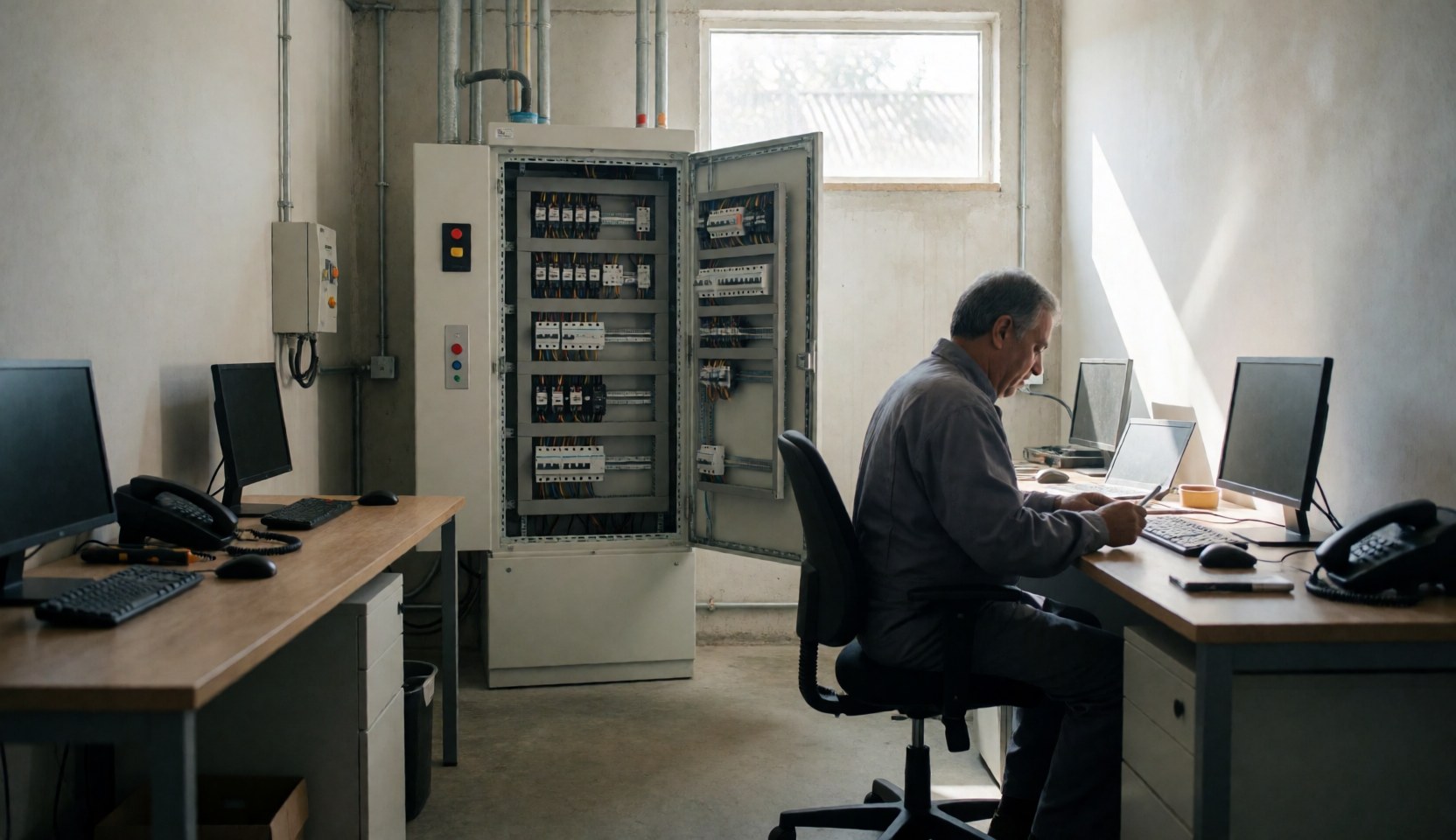 Un technicien examine le système de commande d'un ascenseur dans une salle des machines, avec des relais visibles et un éclairage naturel provenant d'une fenêtre.