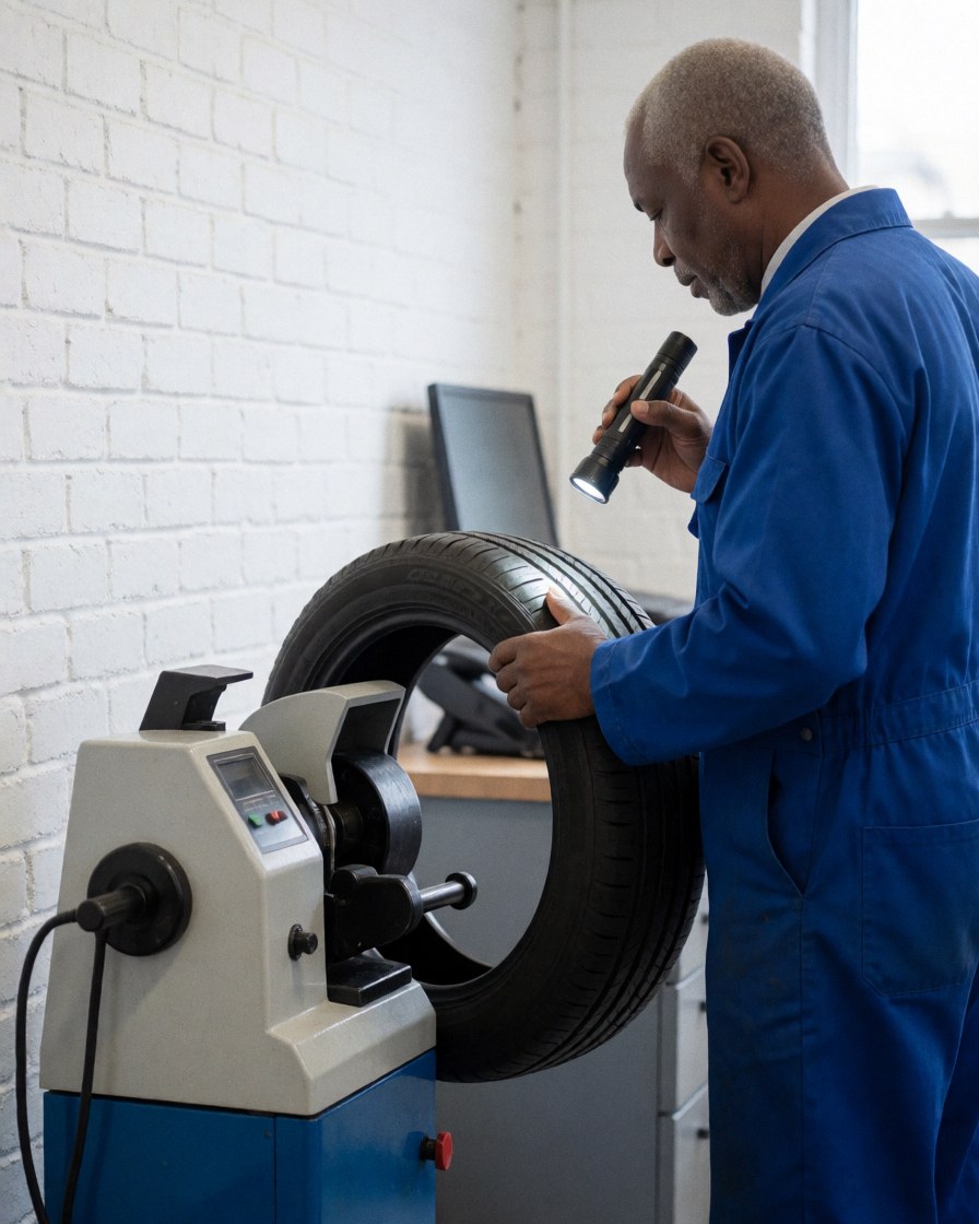 Un mécanicien en uniforme bleu examine un pneu posé sur un équilibreur dans un atelier aux murs de briques blanches, dans le cadre d'une réparation professionnelle.