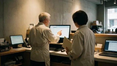 Employé de bureau pointant un écran d'ordinateur pendant qu'un client observe avec un classeur à la main, scène de service professionnel.