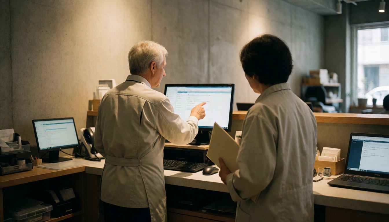 Employé de bureau pointant un écran d'ordinateur pendant qu'un client observe avec un classeur à la main, scène de service professionnel.
