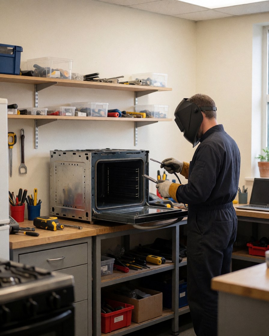 Technicien en casque de soudage répare un four ouvert dans un atelier avec des outils sur des étagères et des murs blancs.