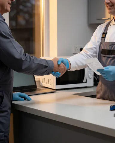 Un technicien et un client se serrent la main dans un atelier de réparation, tenant une facture, avec un micro-ondes réparé visible et une lumière naturelle chaude provenant d'une fenêtre.