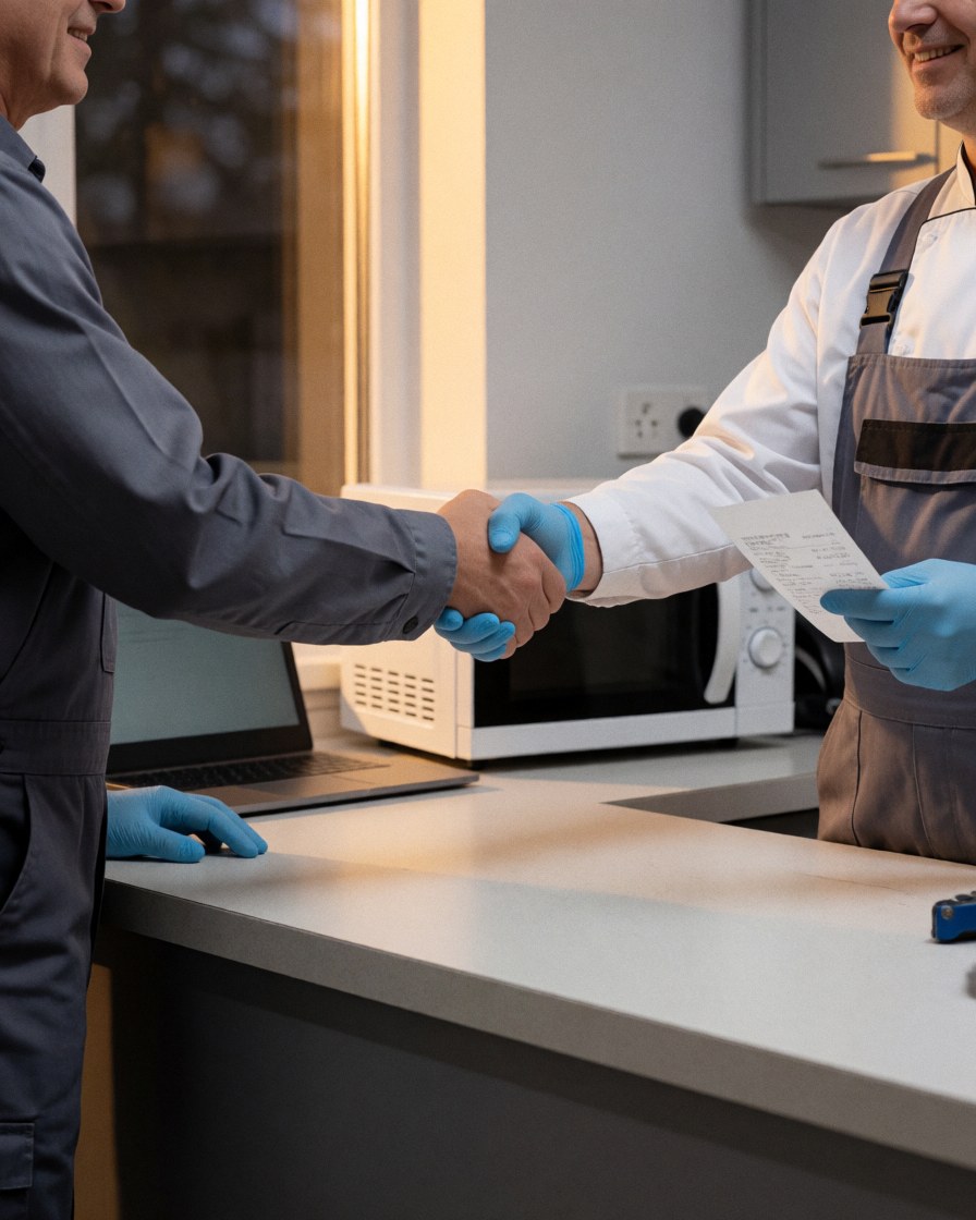 Un technicien et un client se serrent la main dans un atelier de réparation, tenant une facture, avec un micro-ondes réparé visible et une lumière naturelle chaude provenant d'une fenêtre.