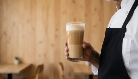 Un barista verse un latte dans un grand verre transparent, sur un comptoir en bois clair, avec un espace vide à gauche pour ajouter du texte.