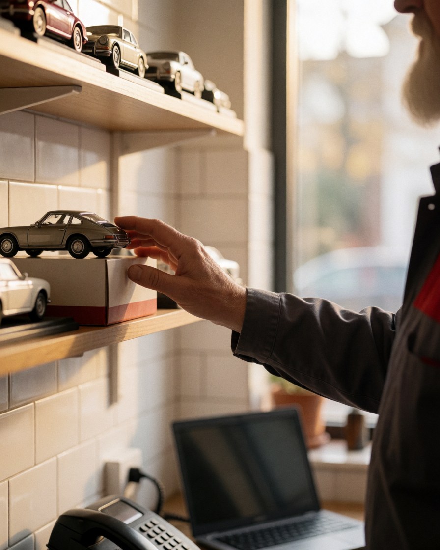 Un client examine un modèle de voiture exposé dans une boîte sur une étagère en bois, dans un magasin de circuits automobiles avec lumière naturelle.