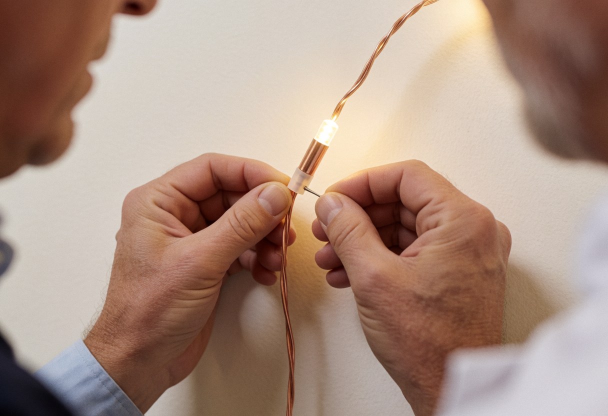 Des mains ajustent une ampoule LED avec un câble de cuivre visible, idéal pour l'éclairage d'événements sur un fond de couleur chaude.