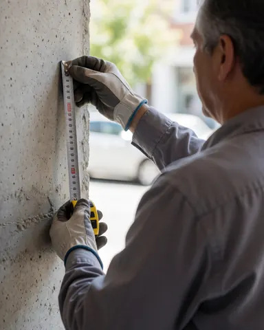 Un professionnel portant des gants mesure un mur en béton avec un mètre ruban, éclairé par la lumière naturelle dans le cadre d'un travail de métallerie.