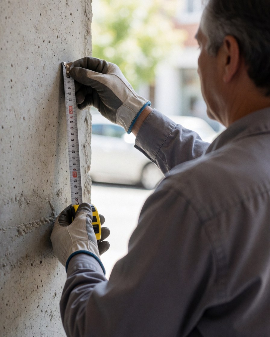 Un professionnel portant des gants mesure un mur en béton avec un mètre ruban, éclairé par la lumière naturelle dans le cadre d'un travail de métallerie.