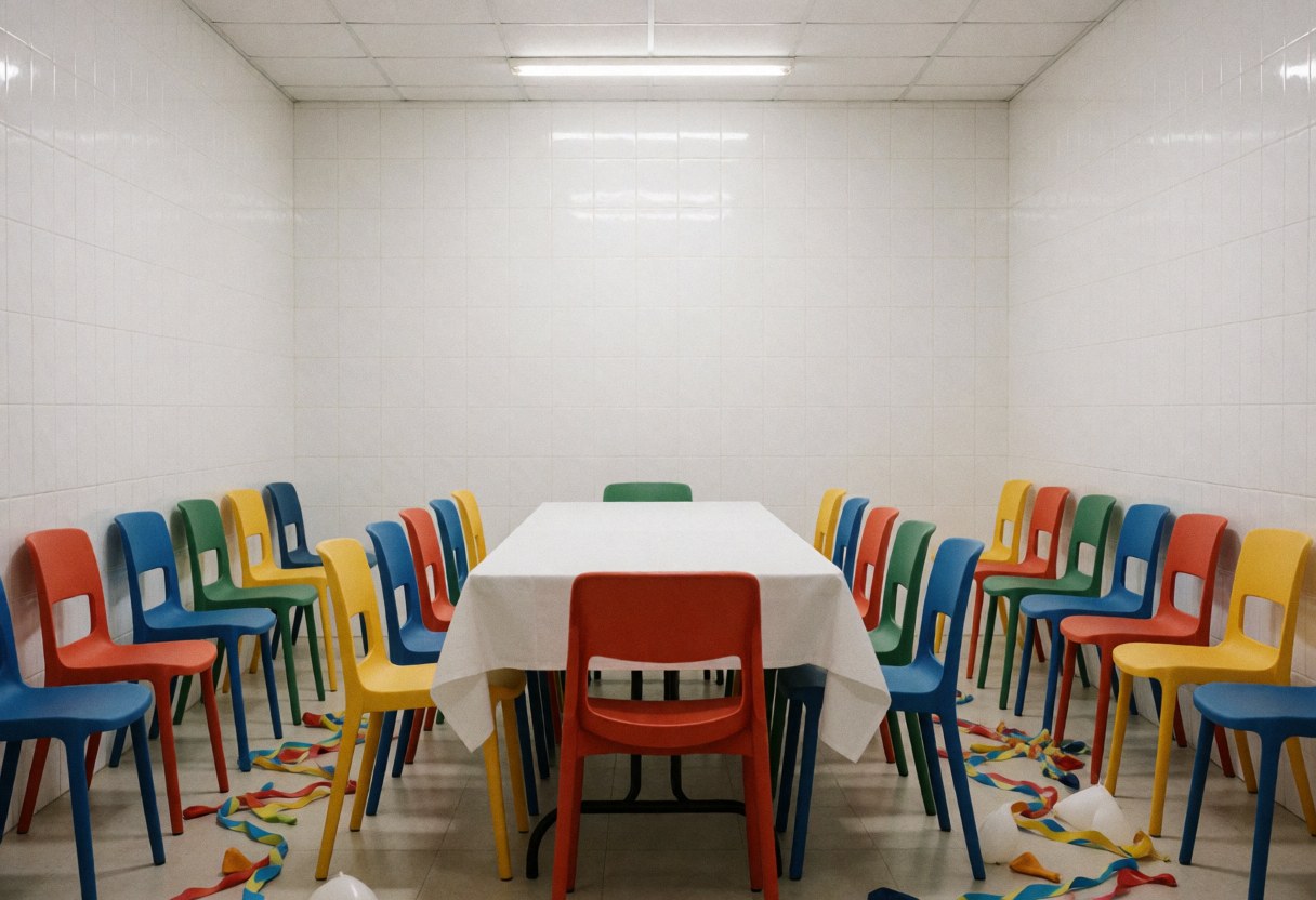 Salle de fête vide avec table blanche, chaises en plastique colorées et ballons au sol, murs carrelés blancs.