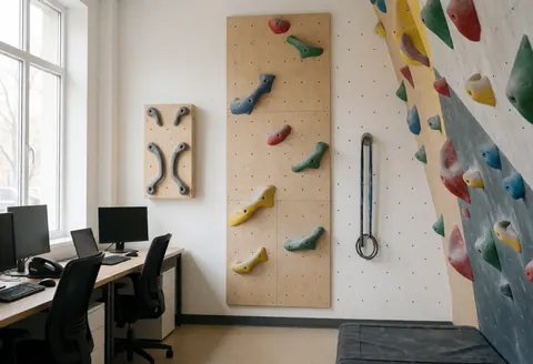 Mur d'escalade avec des prises colorées dans une salle de sport, équipé d'un campus board et de cordes suspendues, éclairé par la lumière naturelle.