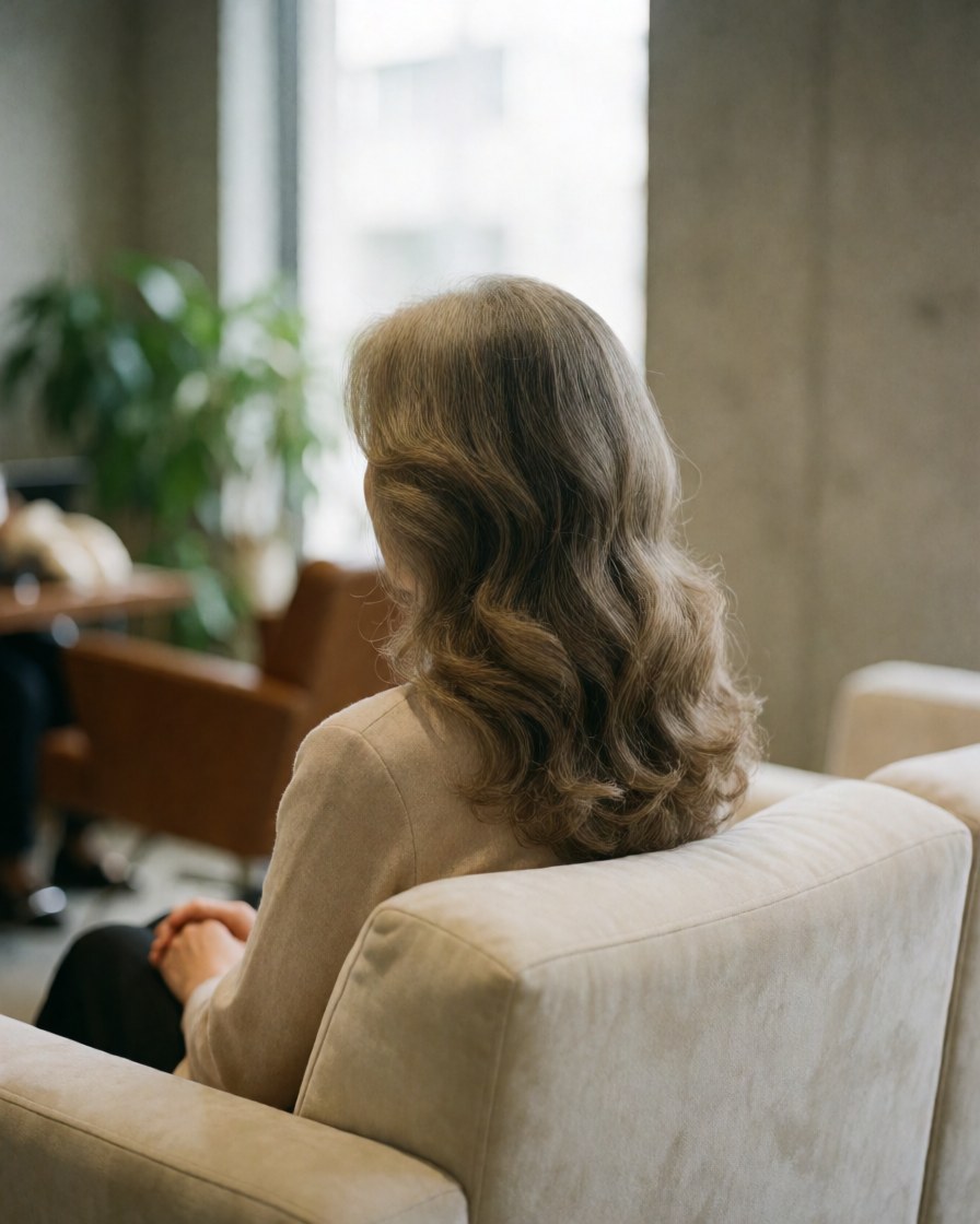 Une cliente aux cheveux longs et ondulés est assise sur un canapé beige dans un salon de coiffure moderne avec des murs en béton et une lumière naturelle.