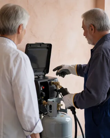 Un technicien en gants explique le fonctionnement de la machine de récupération de réfrigérant à un client dans un garage aux murs clairs.