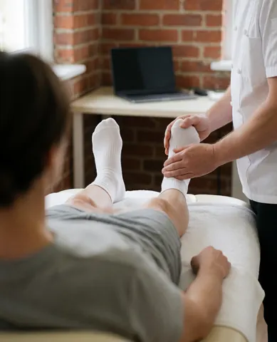 Un thérapeute en uniforme blanc effectue un massage des pieds sur un client allongé sur une table de massage, avec des chaussons blancs et un mur en briques en arrière-plan.