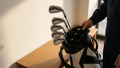 Un instructeur de golf ajuste son sac de clubs sur un banc en bois dans un magasin, avec une lumière chaude et des clubs visibles.