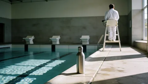 Un sauveteur sur une chaise haute surveille une piscine avec des couloirs, une bouteille d'eau métallique sur le bord et une eau claire et calme.