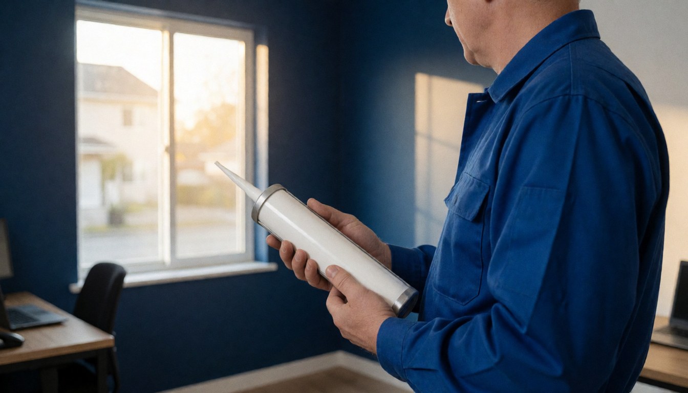 Un ouvrier en uniforme bleu tient un tube de silicone blanc devant une nouvelle fenêtre, avec des murs peints en bleu foncé et la lumière du coucher de soleil.