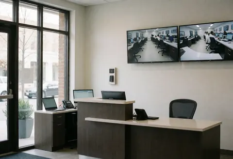Lobby moderne d'aparthotel avec réception, écrans de sécurité et panneau d'accès, éclairé par de grandes fenêtres.