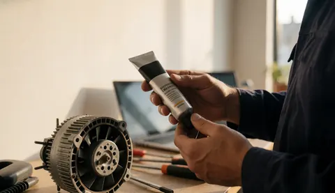 Un technicien applique de la graisse sur un moteur de ventilateur démonté posé sur une table de travail, avec des outils et un ordinateur portable en arrière-plan.